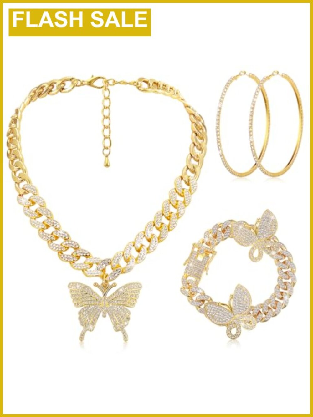 Butterfly Cuban Link Chain Necklace Bracelet Hoop Earrings Jewelry Set